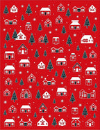 Crimson White Village Trees Snowflakes Rug