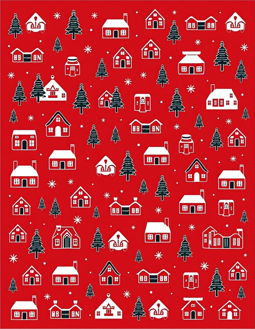 Crimson White Village Trees Snowflakes Rug