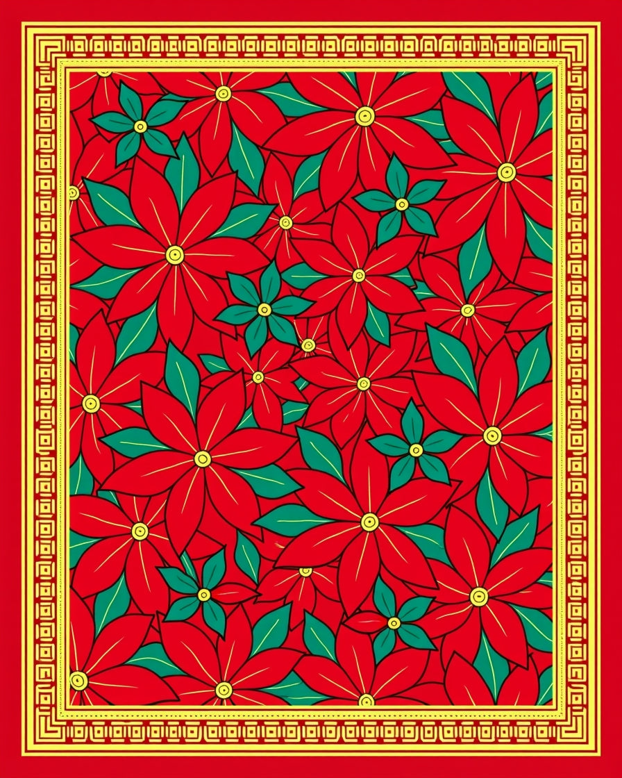 Vibrant Red Poinsettia Floral Border Rug