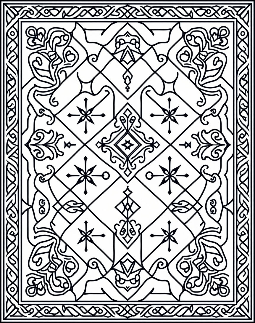 Intricate Black White Geometric Scroll Rug