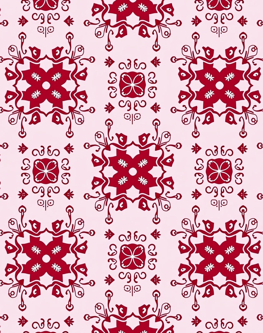 Crimson Floral Medallion Tile Rug