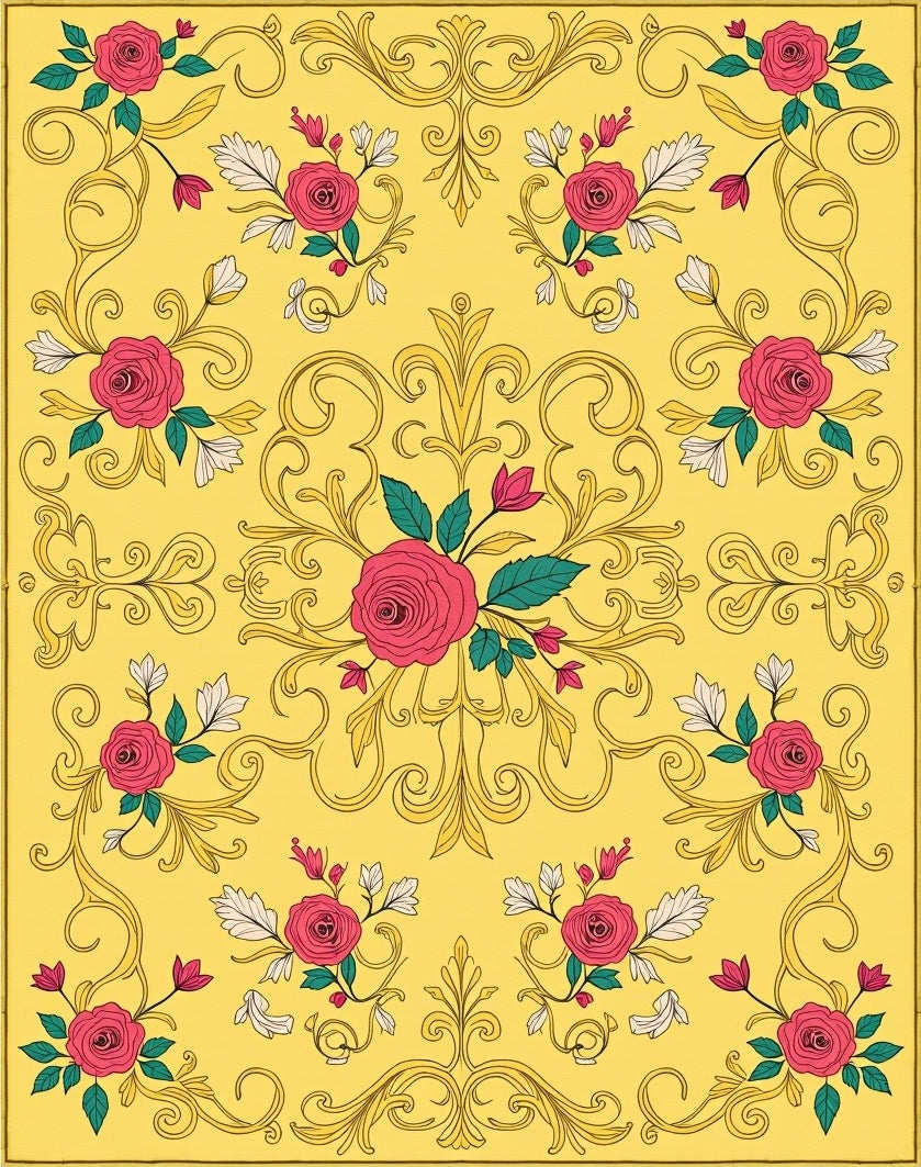 Golden Yellow Rose Scrollwork Rug