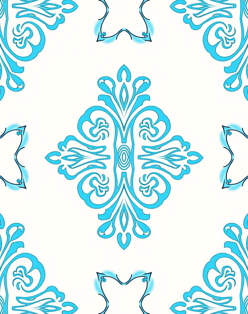 Aqua Ivory Floral Scroll MedallionRug Rug