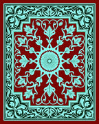 Crimson Teal Floral Sunburst Border Rug