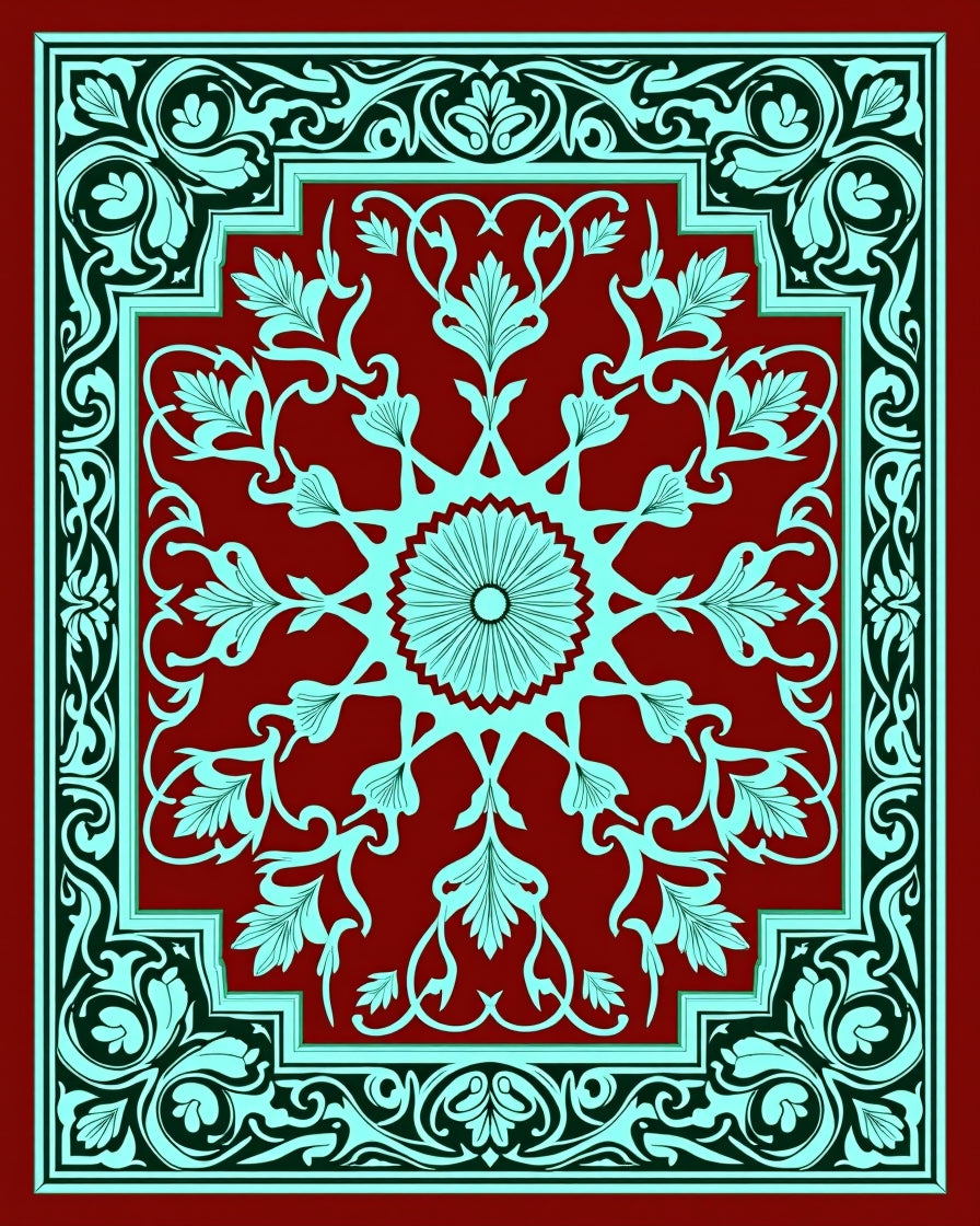 Crimson Teal Floral Sunburst Border Rug