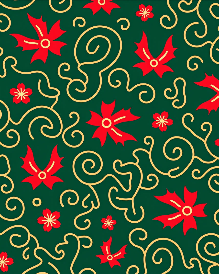 Red Holly Swirls On Green Background Rug