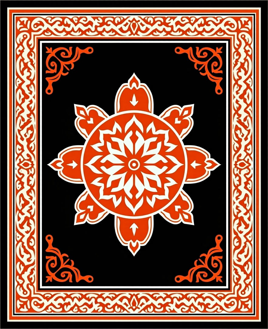 Vibrant Orange Floral Medallion Black Rug