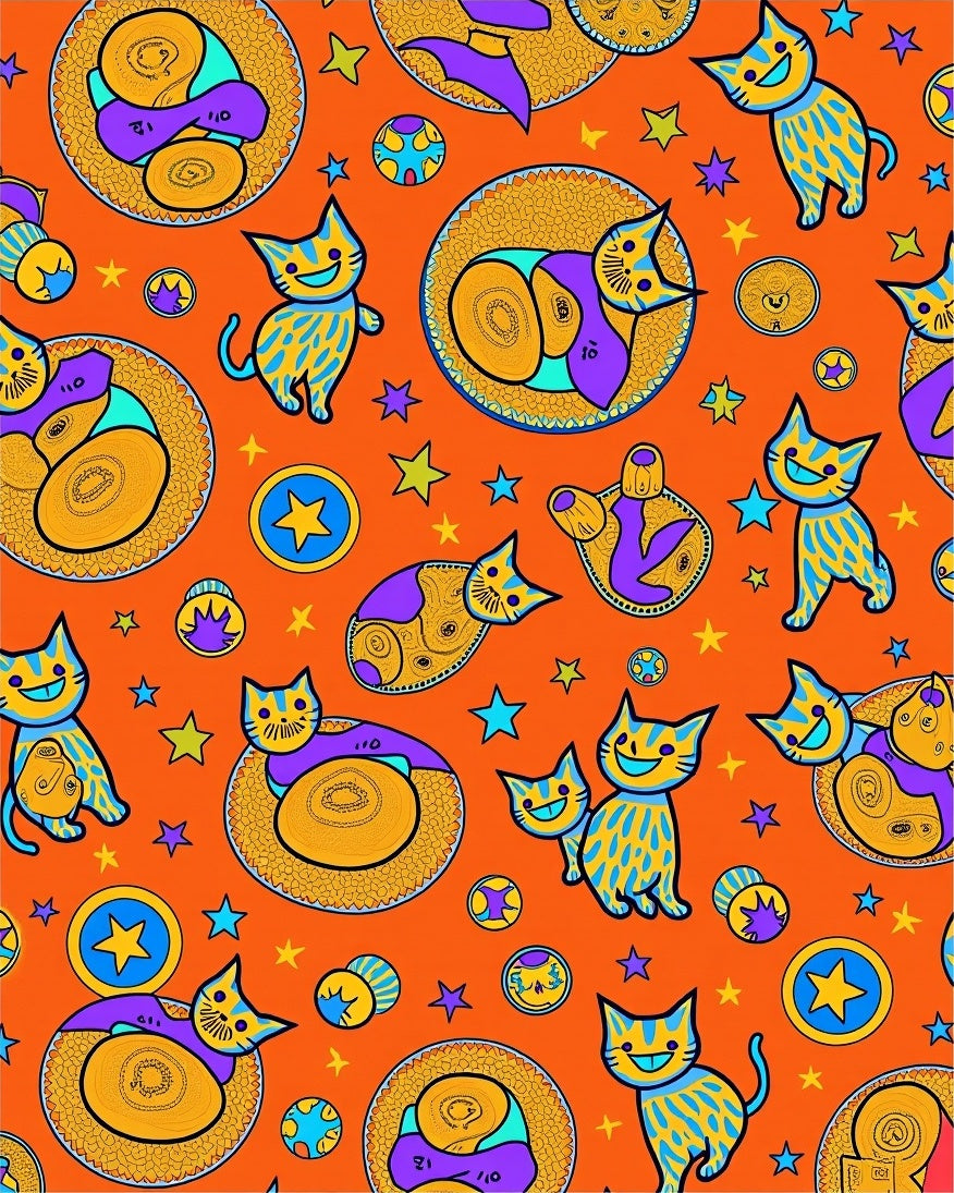 Whimsical Blue Yellow Cats Stars Rug