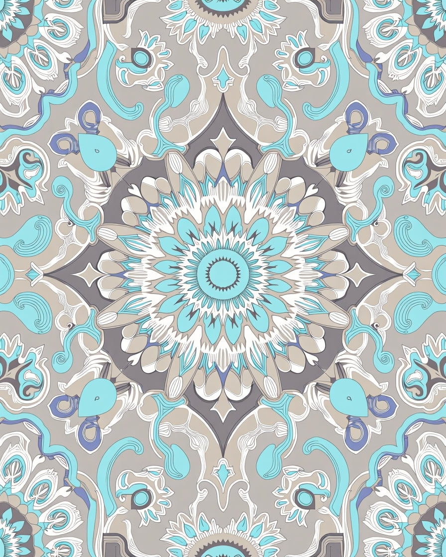 Sky Blue Gray Medallion Fabric Rug