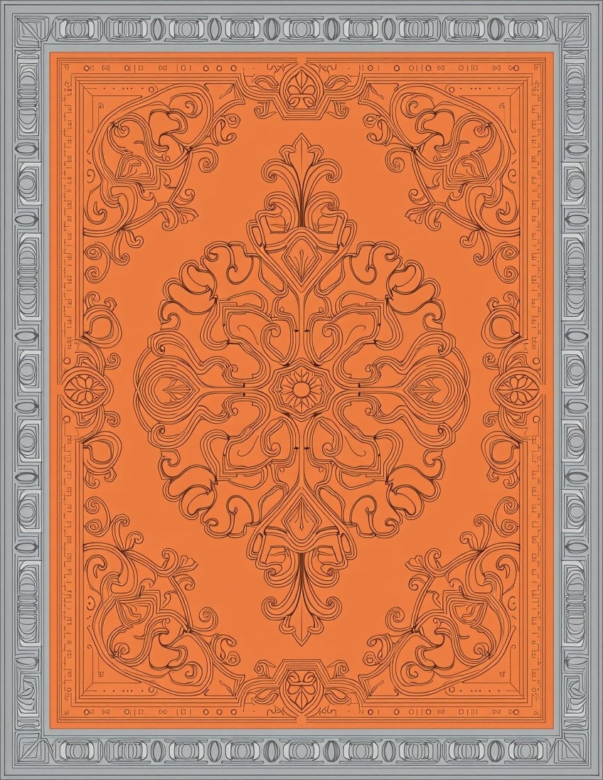 Ornate Orange Gray Damask Rug