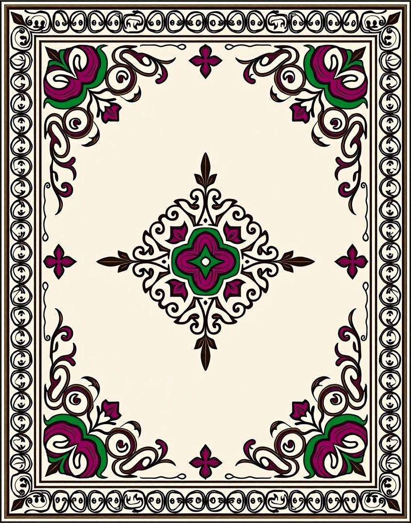 Vibrant Plum Green Floral Medallion Border Rug