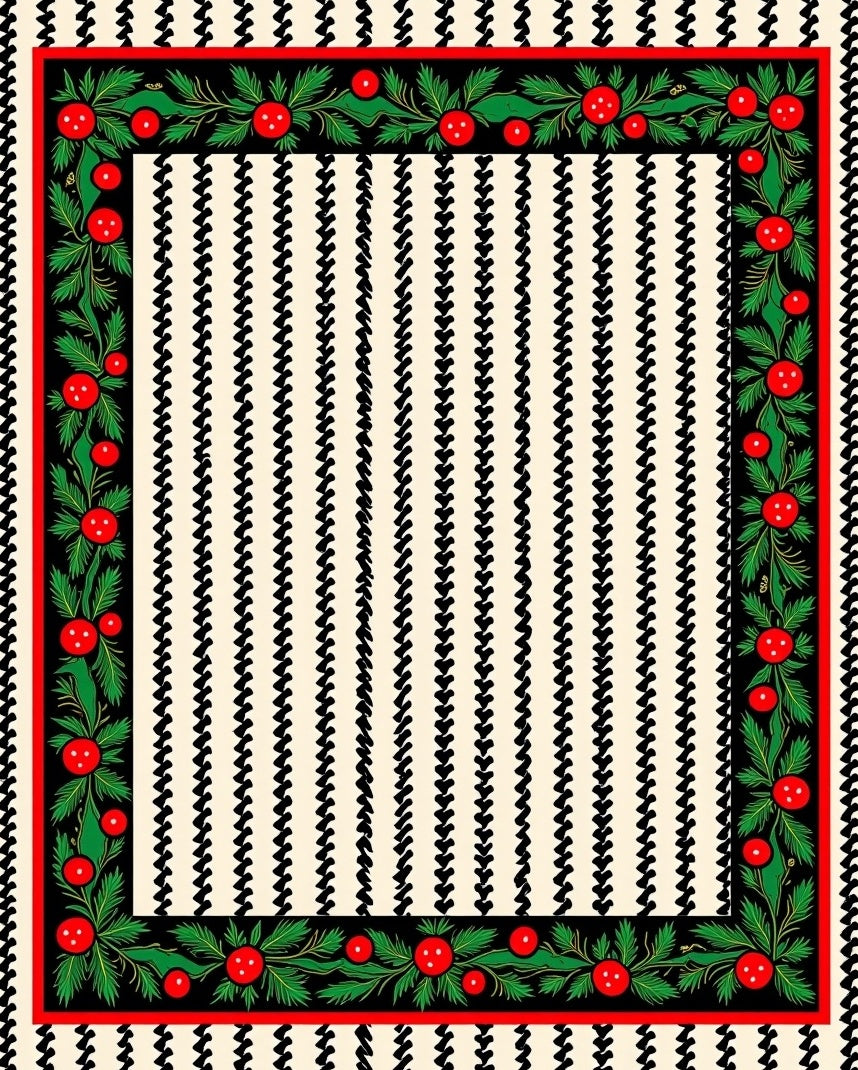 Folk Art Red Berry Floral Border Rug