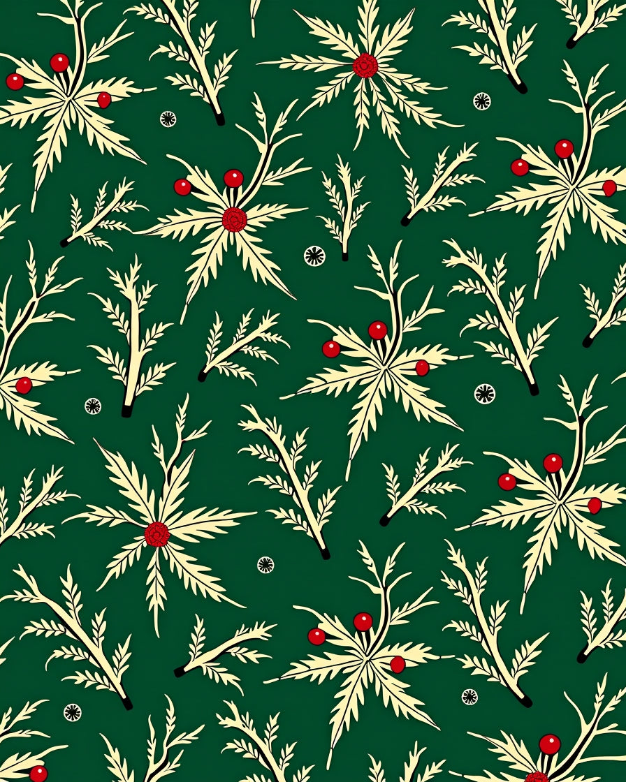 Forest Green Cream Berry Branch Folk Art Rug