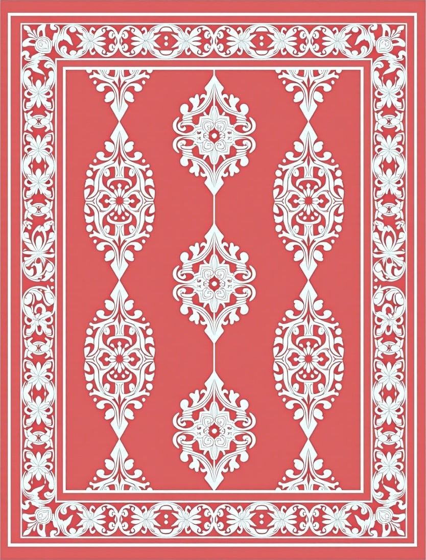 Coral Red White Scroll Medallion Border Rug