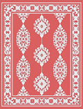 Coral Red White Scroll Medallion Border Rug