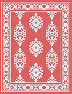 Coral Red White Scroll Medallion Border Rug
