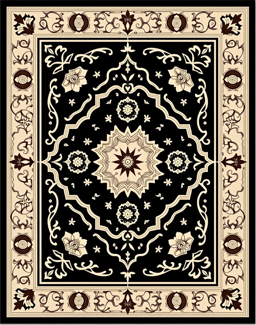 Black and Tan Floral Medallion Rug