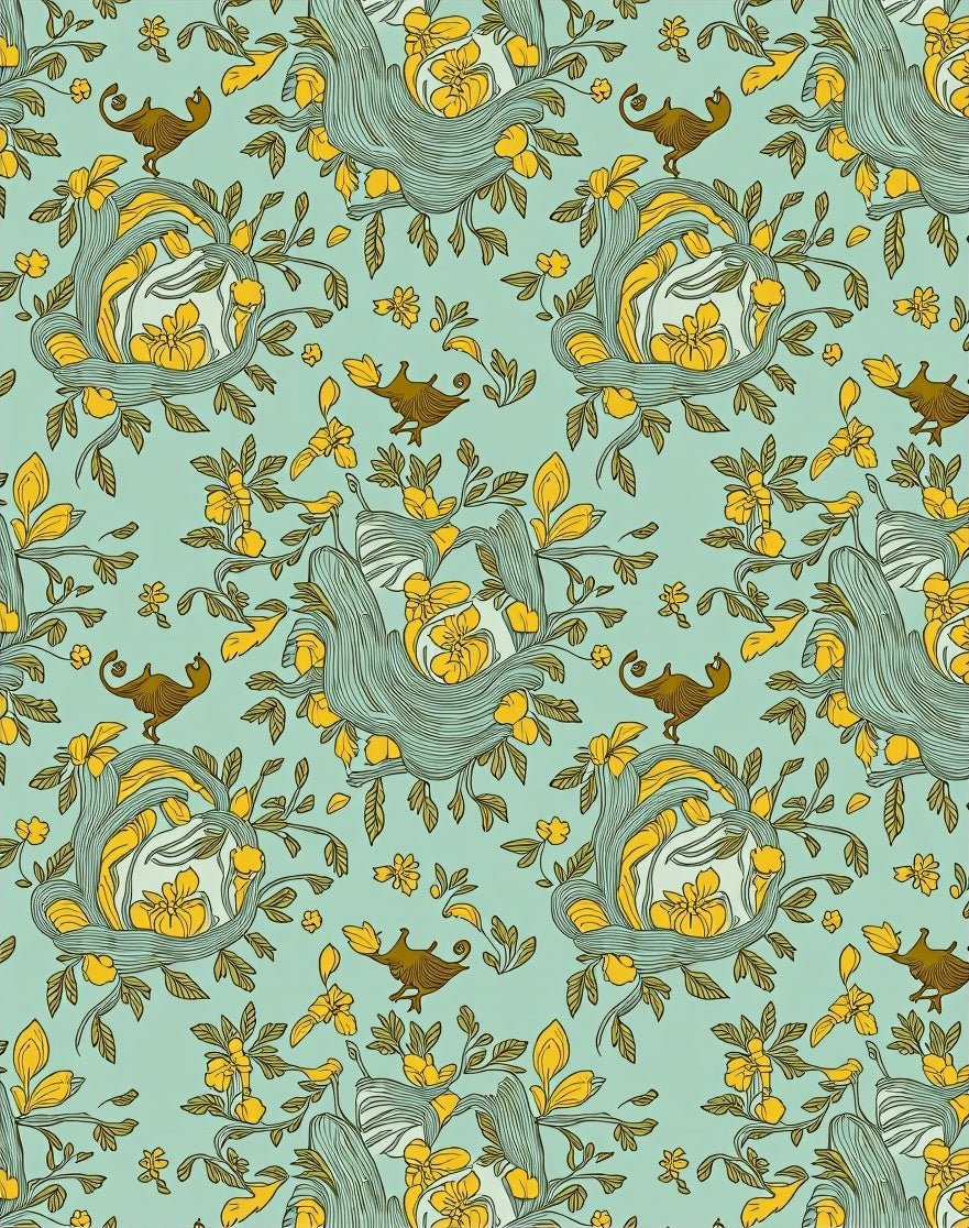 Whimsical Teal Yellow Bird Floral Garden Rug