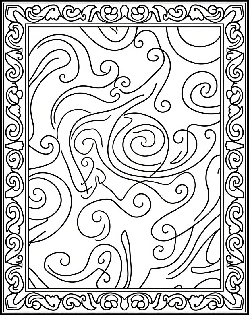 Ornate Black Curlicue Swirl Border Rug