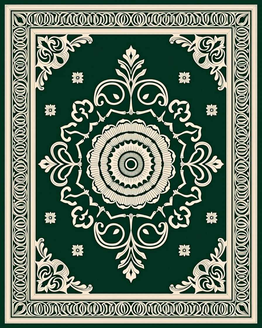 Emerald Green Cream Medallion Scroll Rug