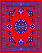 Red Blue Pink Floral Medallion Rug