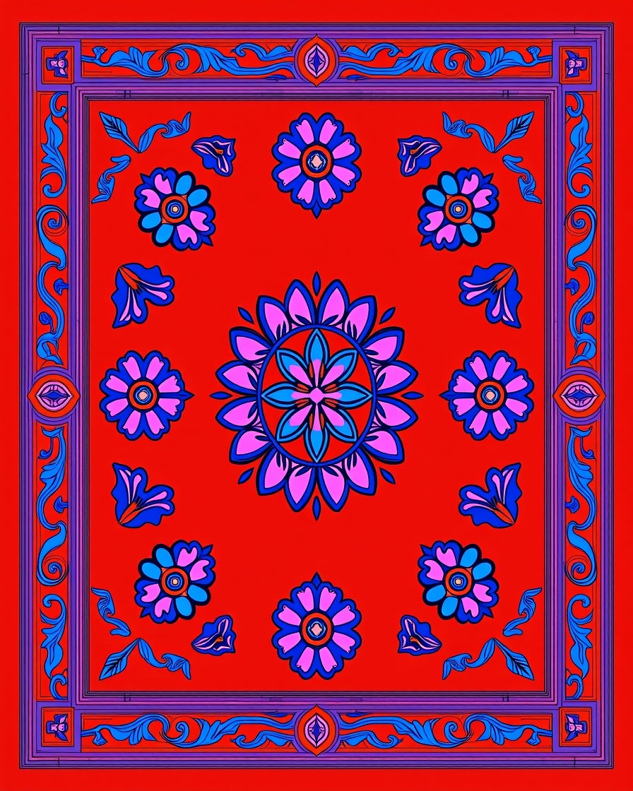 Red Blue Pink Floral Medallion Rug