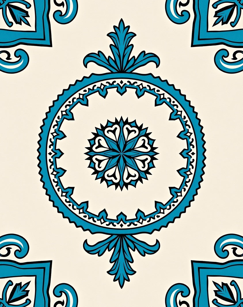 Turquoise Floral Medallion Cream Rug