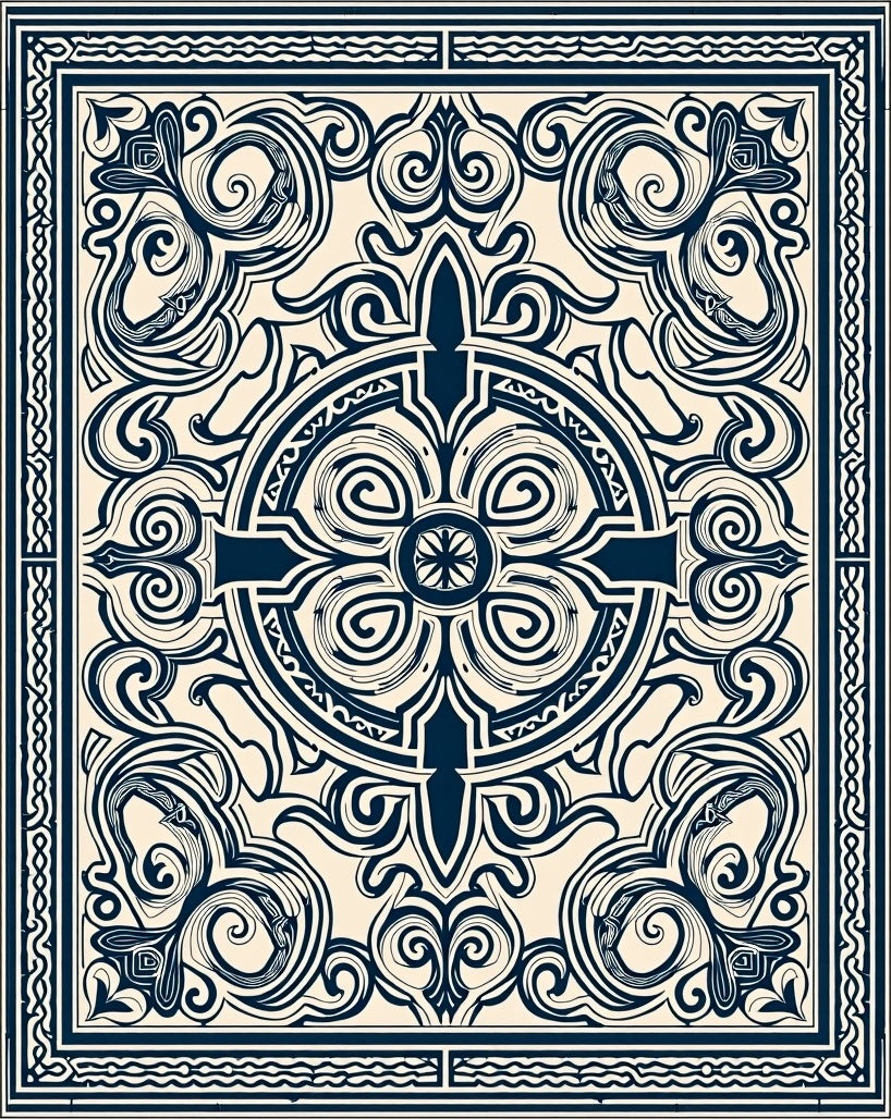 Vintage Cream Navy Scrollwork Medallion Rug