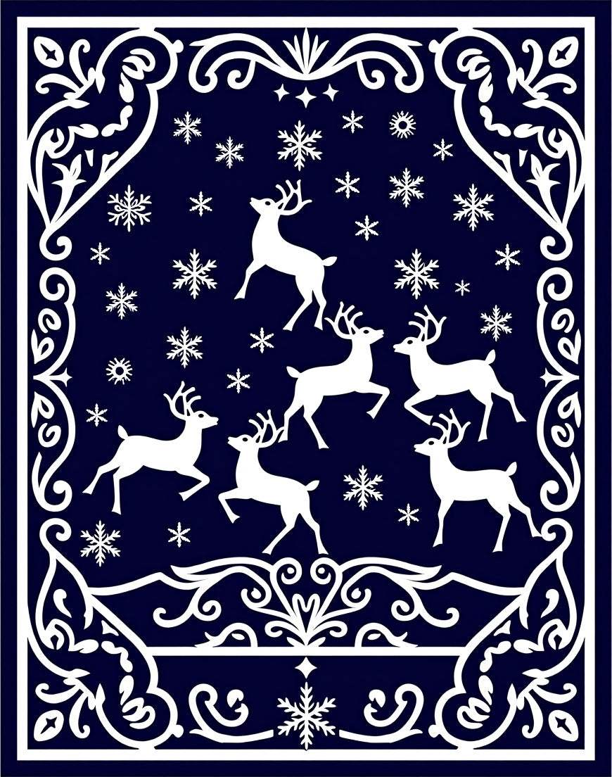 Midnight Blue Deer Snowflake Border Rug