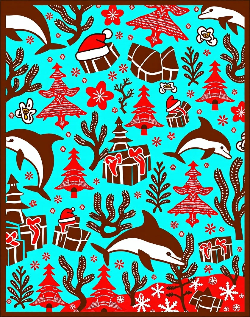 Whimsical Christmas Dolphins and Gifts Rug