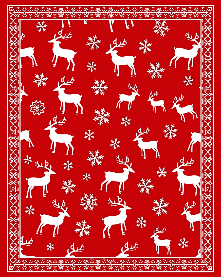 Festive Red Reindeer Snowflake Border Rug