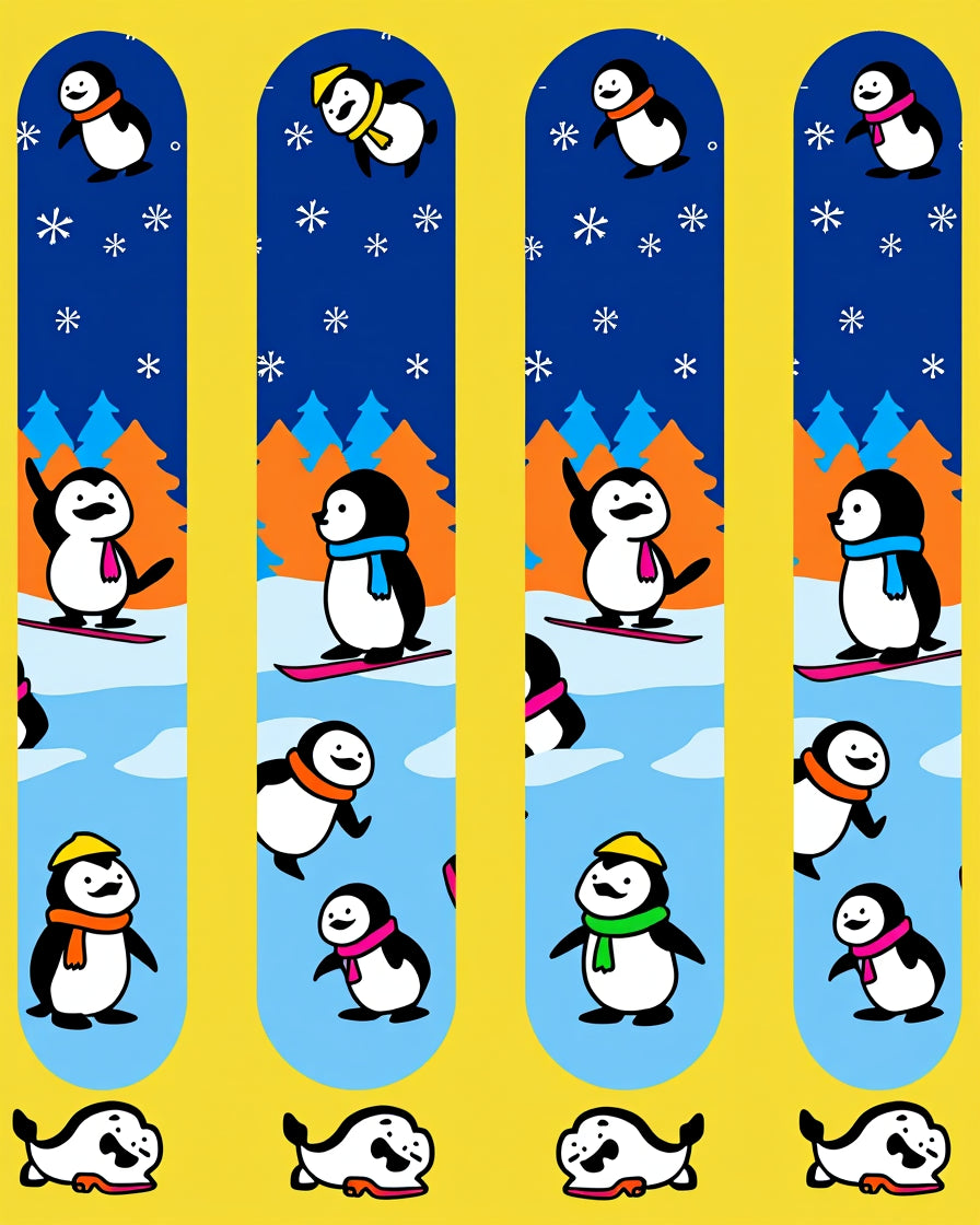 Winter Penguin Skiing Snowflakes Scene Rug