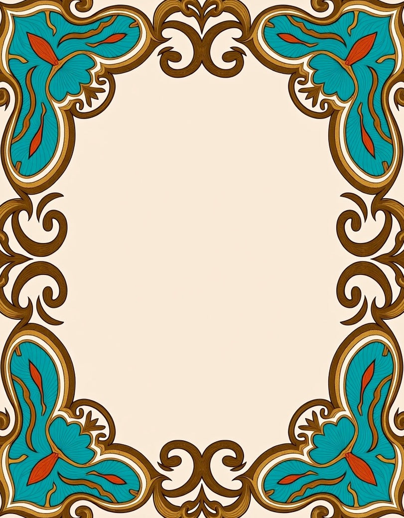 Ornate Teal and Orange Swirl Frame Rug