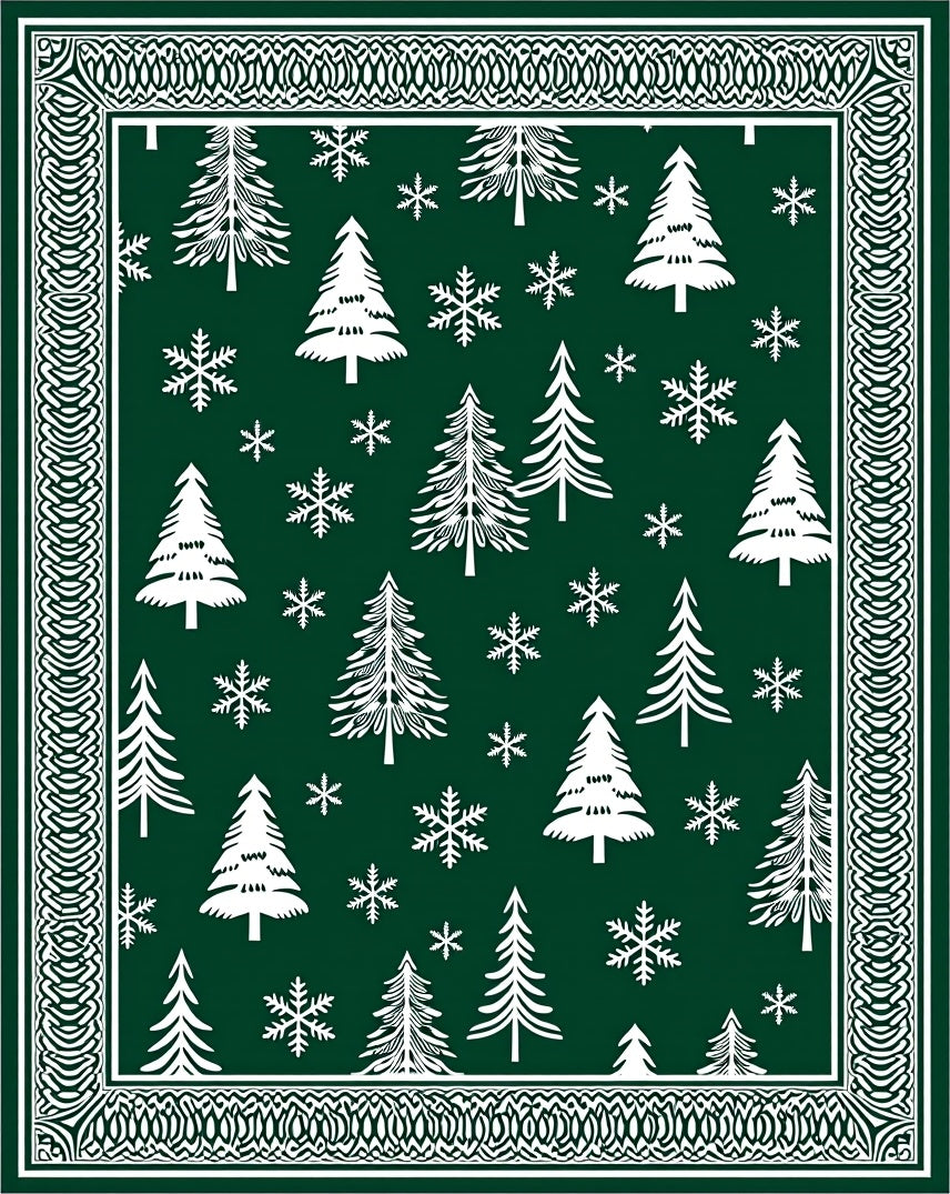 Forest Green Christmas Trees Snowflakes Border Rug
