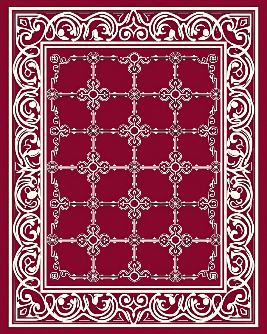 Ornate Crimson Geometric Border Rug