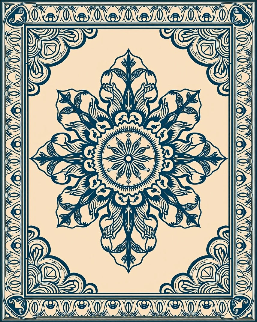 Navy Blue Floral Medallion Border Rug