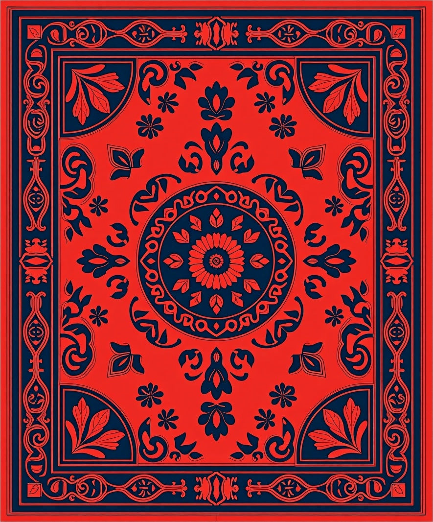 Crimson Navy Floral Medallion Border Rug