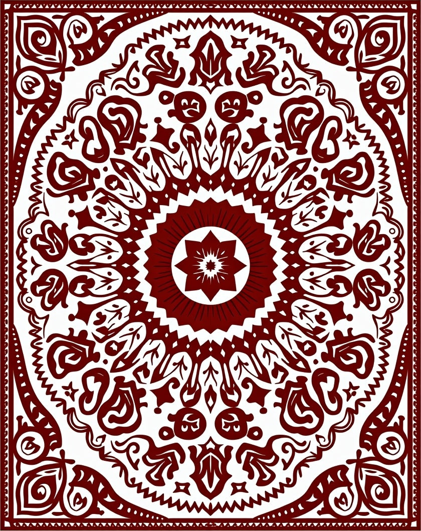 Crimson Mandala Scrollwork Floral Rug
