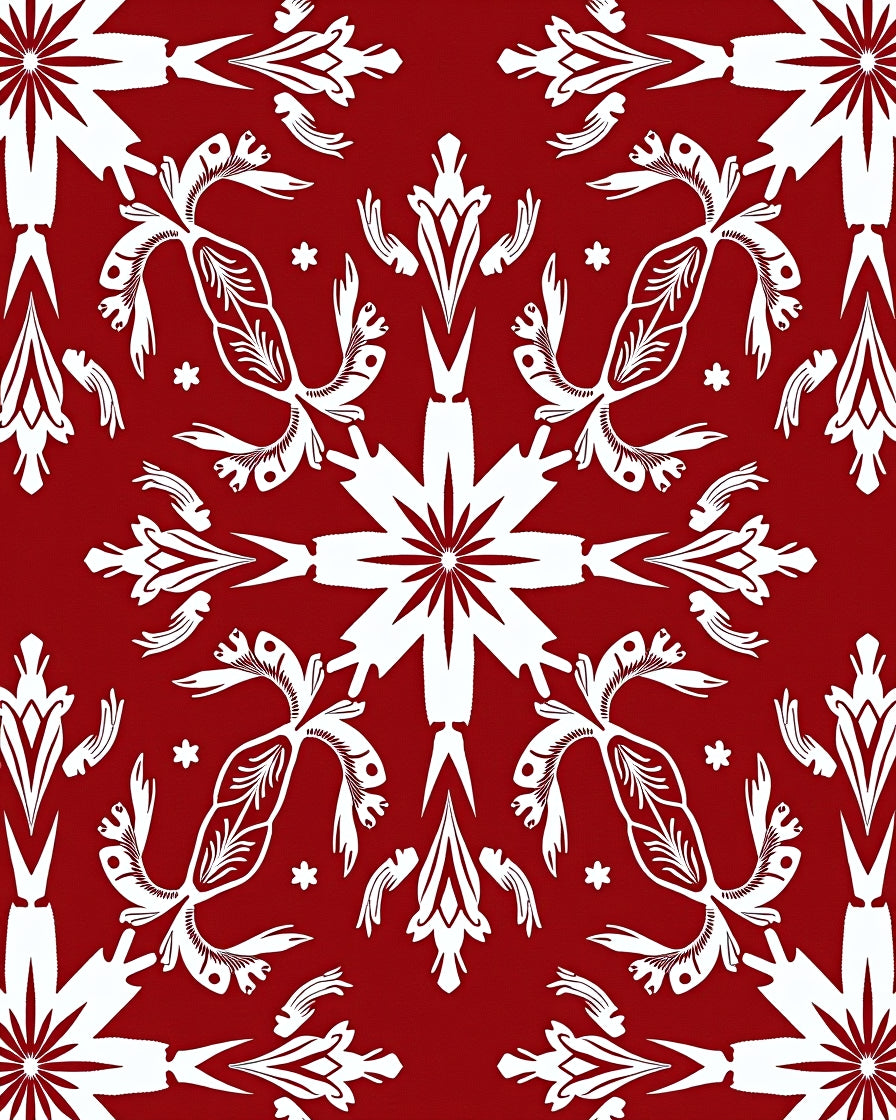 Crimson White Symmetry Floral Folk Rug