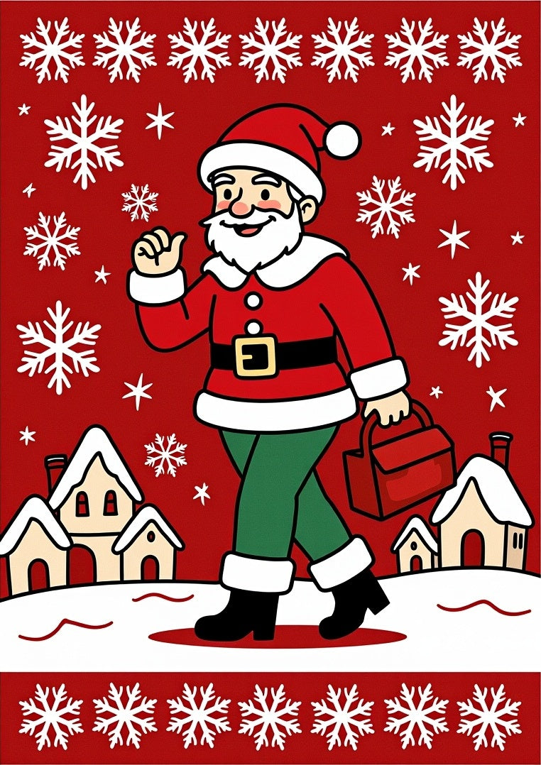 Holiday Santa Snowflakes Village Scene Rug