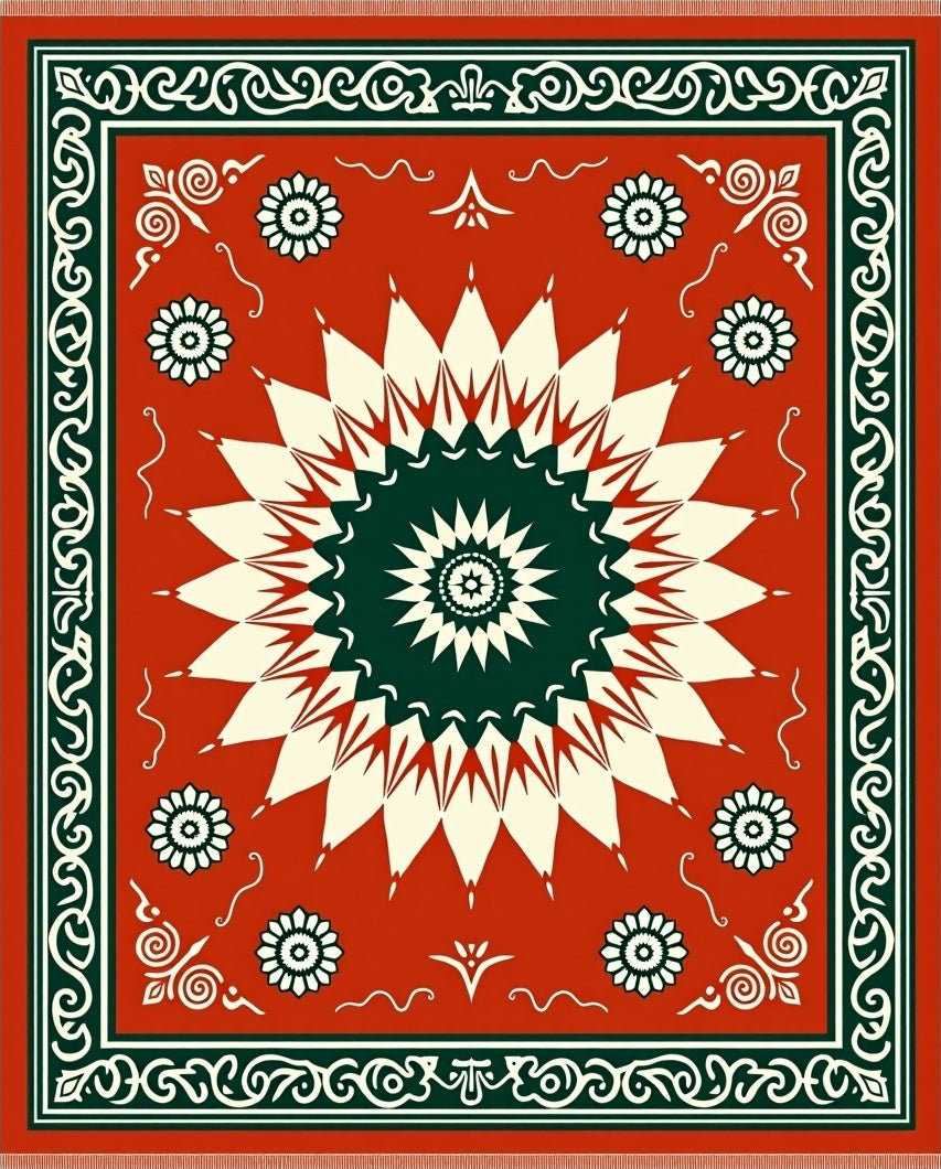 Vibrant Red Sunburst Floral Frame Rug