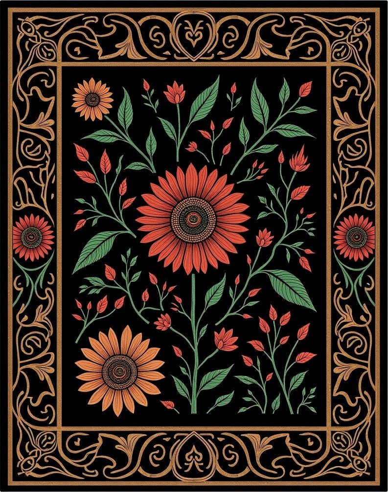 Ornate Golden Floral Sunflower Garden Rug