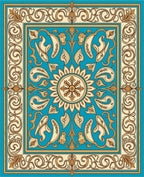 Ornate Teal Gold Floral Medallion Rug