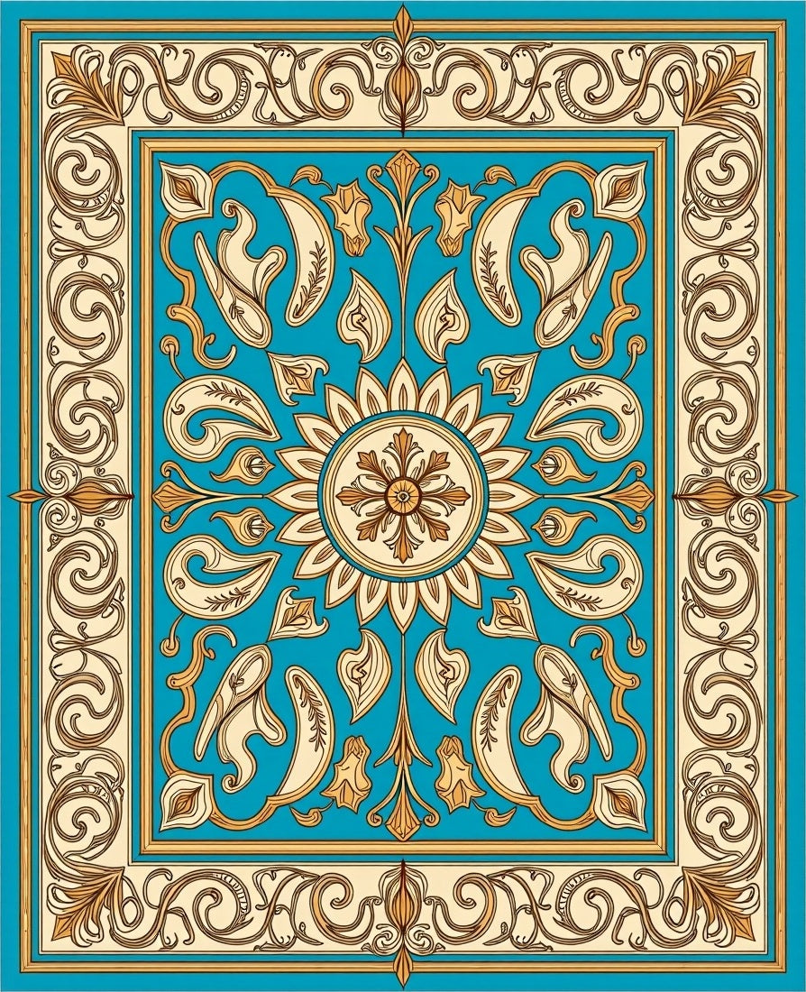 Ornate Teal Gold Floral Medallion Rug