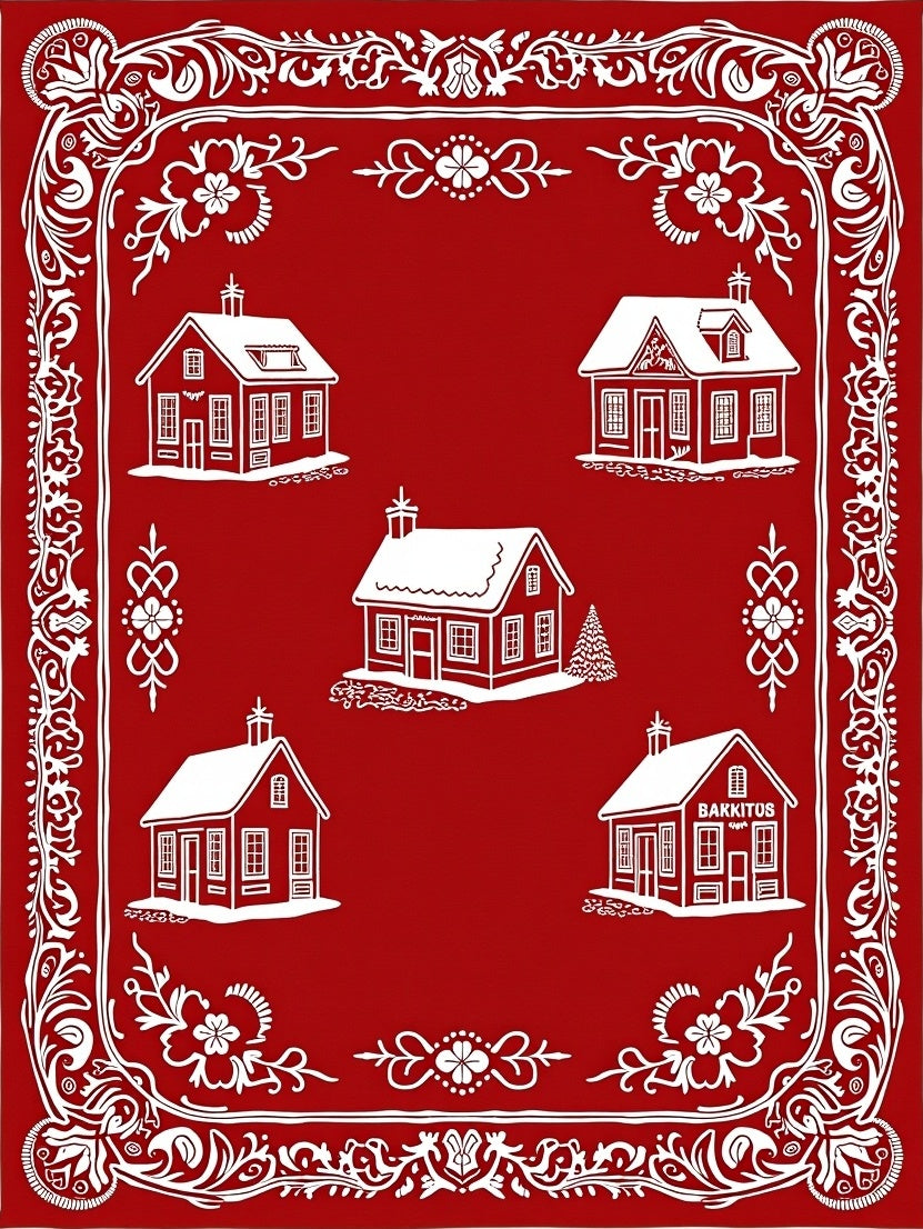 Red White Village Folk Art Rug