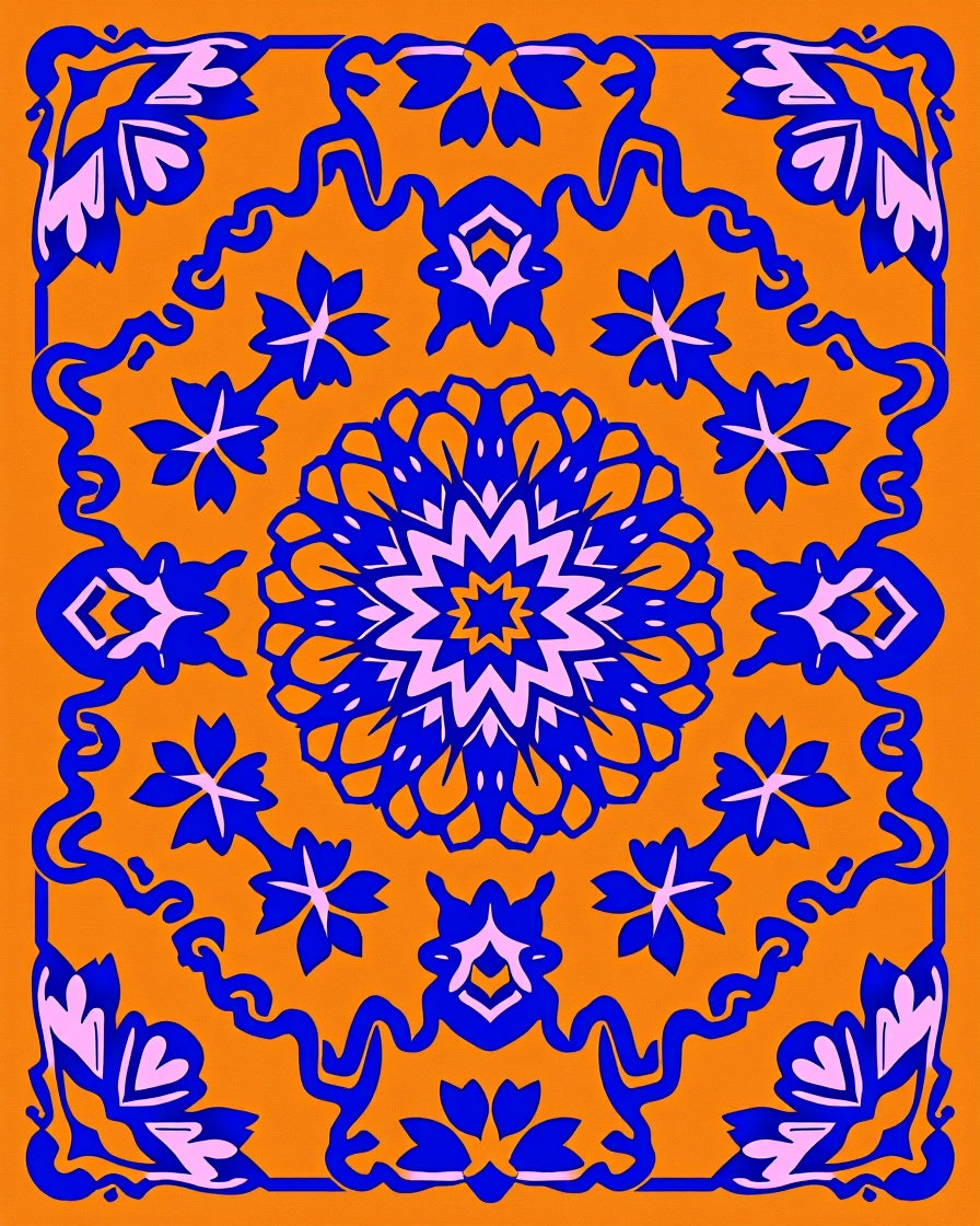 Vibrant Blue Orange Floral Medallion Rug