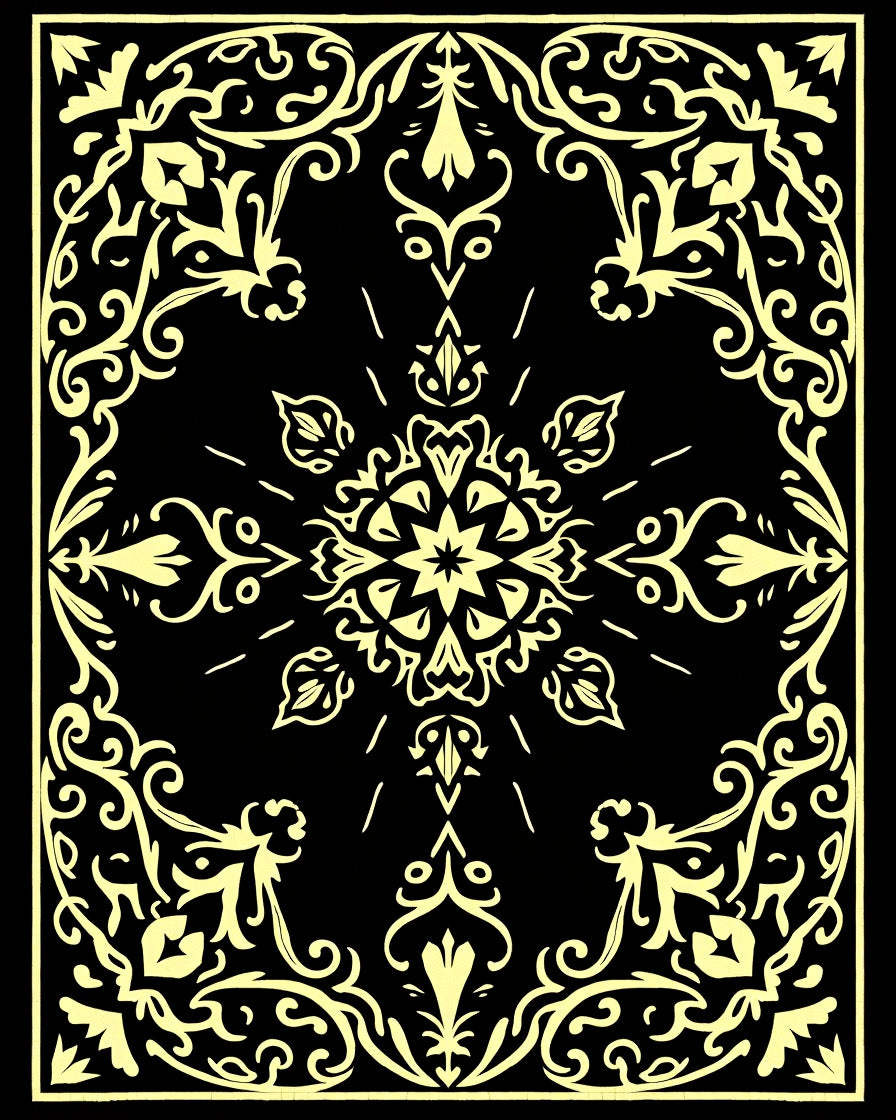 Golden Ornate Black Floral Scroll Rug