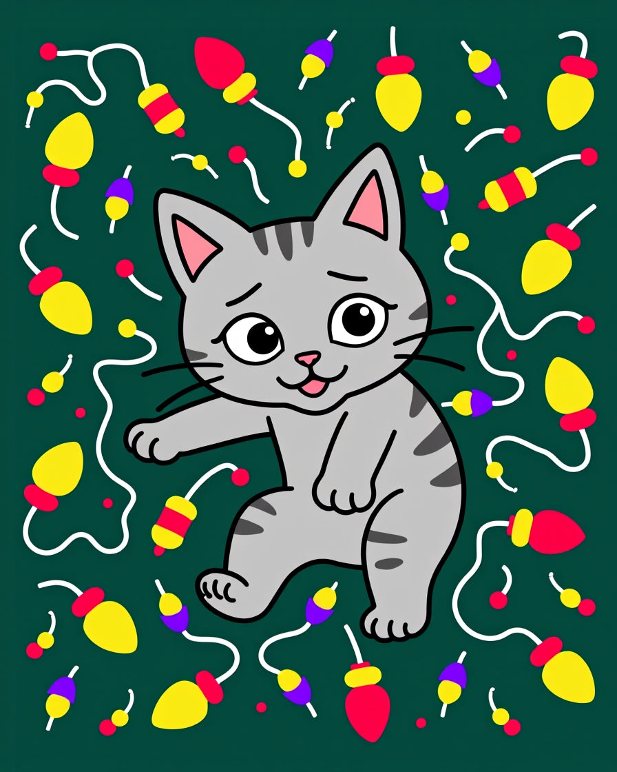 Cute Gray Cat with Festive Light Garland Rug