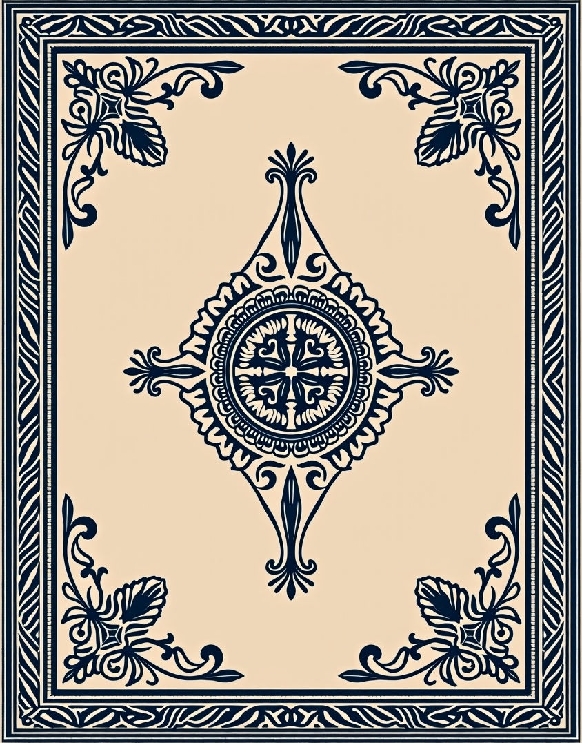 Cream Navy Medallion Border Rug