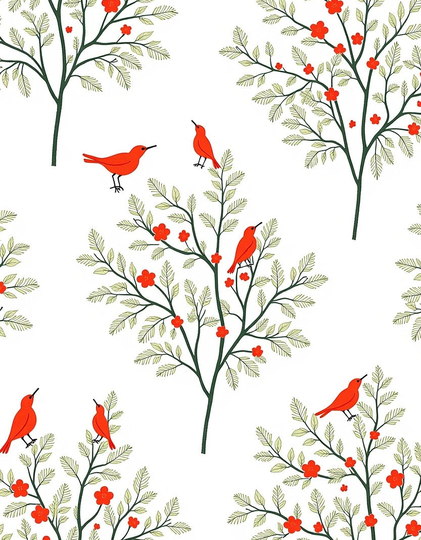 Vibrant Red Birds Green Tree Accents Rug